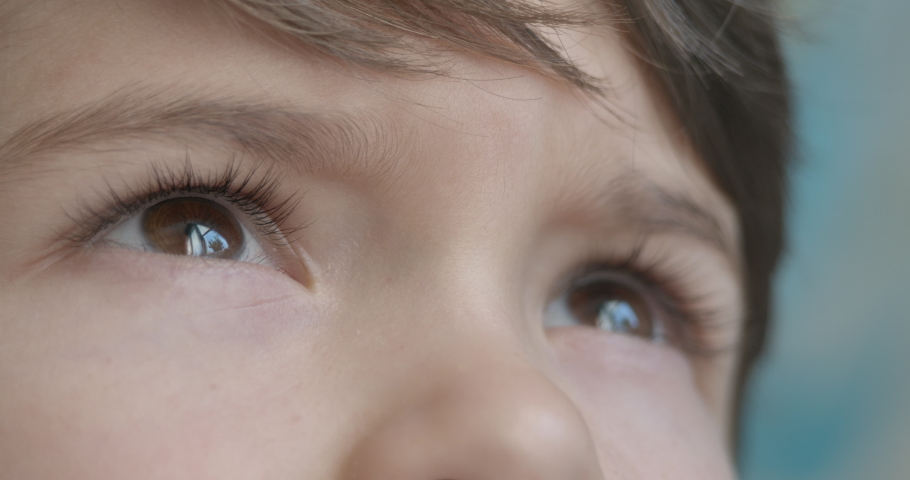Brown Eyes of Kid Looking Up Closeup. Portrait Little Boy Praying Looking Up at Sky With Hope and Faith, Contemplative Child Face, Close Up. Boy Looks-up God Believer Prayer, Passionate Dreamer Royalty-Free Stock Footage #1092765105