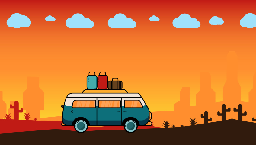 Campervan car travel animation with city view on the edge of the desert. suitable for road trips, camping, holidays Royalty-Free Stock Footage #1092765535