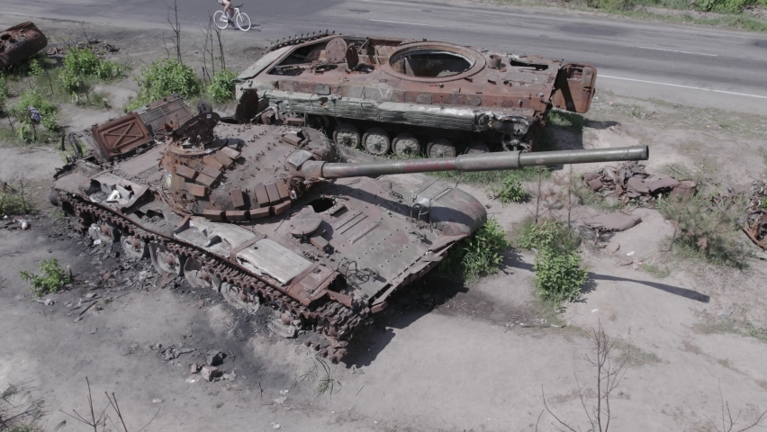 Burnt military equipment during the war in Ukraine