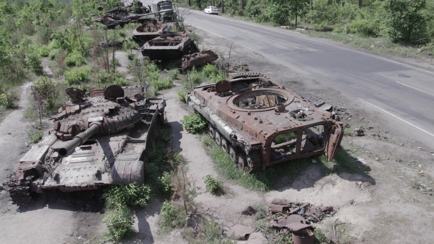 Burnt military equipment during the war in Ukraine