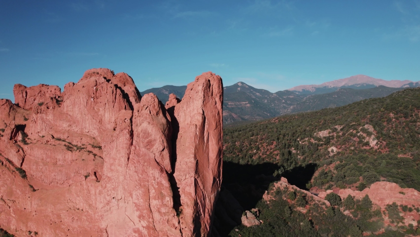 Garden of the Gods Colorado Drone View 11 4K features a view from a drone flying around the large rock formation at the main entrance to the Garden of the Gods, Colorado.