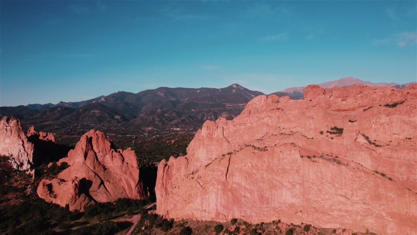 Garden of the Gods Colorado Drone View 10 4K features a view from a drone flying left to right across the large rock formation at the main entrance to the Garden of the Gods, Colorado.