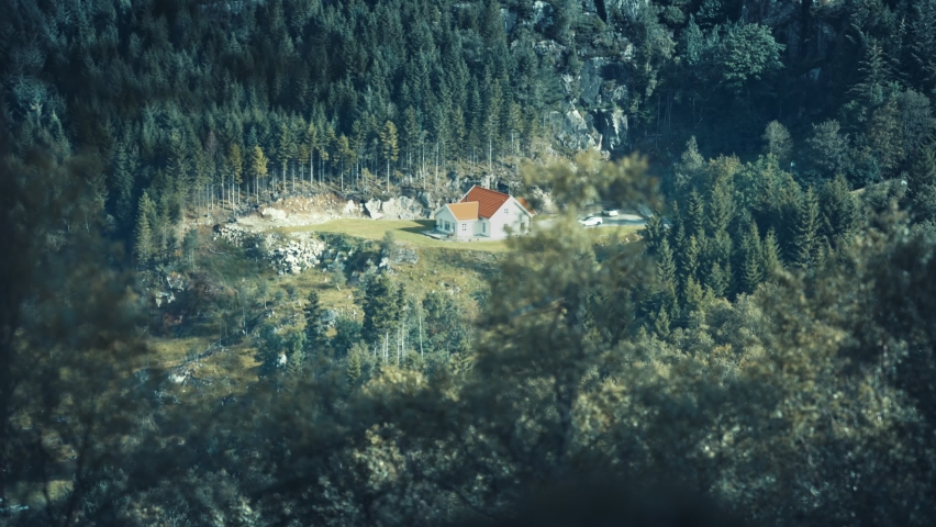 A cottage hidden in the forest. Slow-motion, pan right.