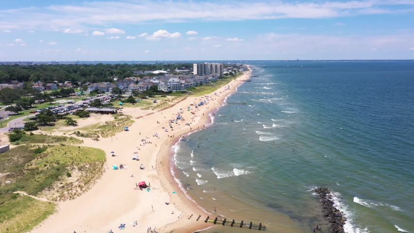 Norfolk Virginia - July 30 2022: Aerial view of the Ocean View Community Beach in Norfolk on a hot summer day