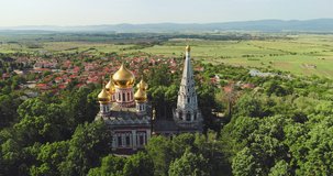 Shipka Memorial Russian Church, town of Shipka, Bulgaria, 4K aerial video