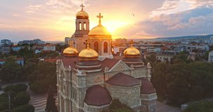 Bulgaria, sea capital Varna city. The Cathedral of the Assumption, Aerial view in 4K video