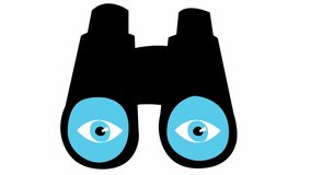 Animated black binoculars with eyes. Blinks an eye. Looped video. Concept of searching, travel, spy. Vector illustration on white background.
