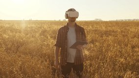 Modern farmer with VR headset and tablet walking in a wheat field at sunrise. Scenic summer view of a man wearing virtual reality glasses during dawn. Agriculture concept - Powered by Shutterstock - Get 15% off with code: PIKWIZARD15