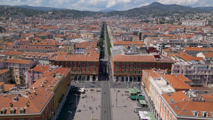 Drone view of The Place Massena, a historic square in Nice, Cote d'Azur, France