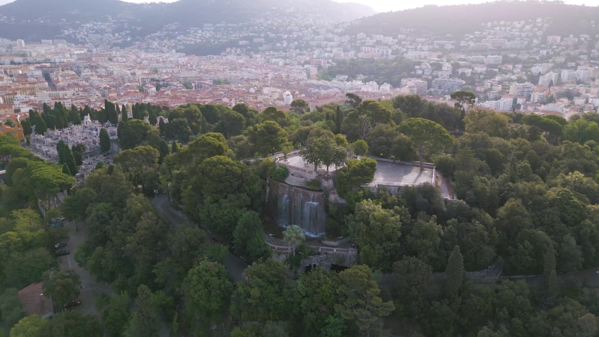 Aerial shot of Cascade Dijon, artificial waterfall at Castle Hill, Nice, France