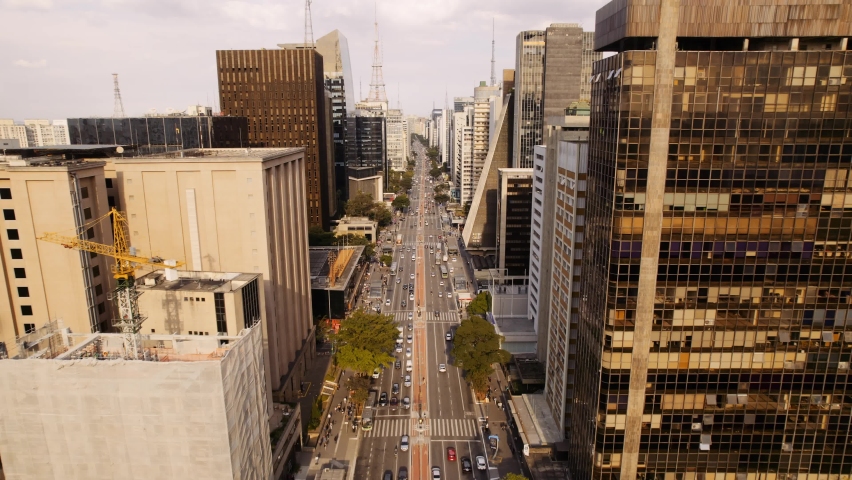 Aerial view of Avenida Paulista (Paulista Avenue) in Sao Paulo city, Brazil.  Cinematic 4K