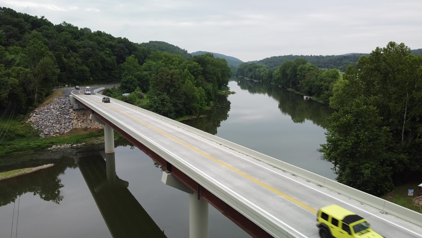 Traffic moving across the John Blue Bridge near Romney, West Virginia.  This bridge spans the Potomac River.