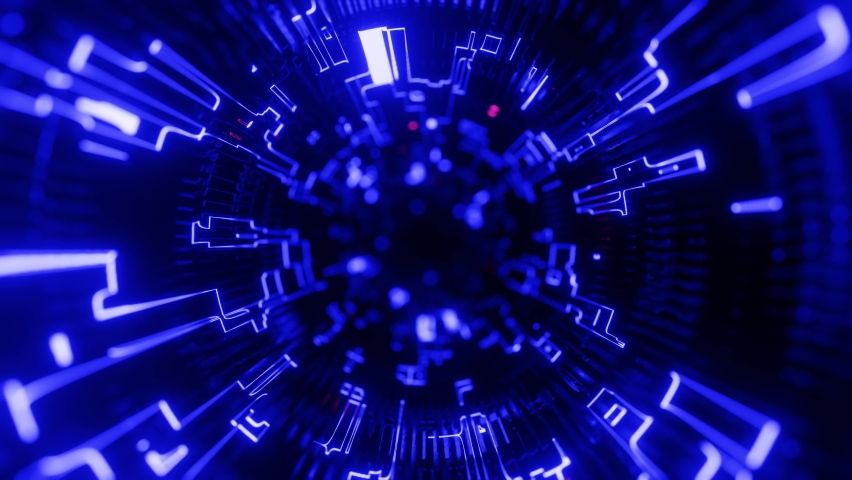 concentric structures. Fly through technology cyberspace with neon glow. Sci-fi flight through hi-tech technology tunnel. Hologram and neon light. 3d looped seamless 4k bright. 3D Illustration