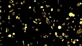 Falling coins or money golden rain motion background with alpha channel. Transparency is embedded in video. Loop.