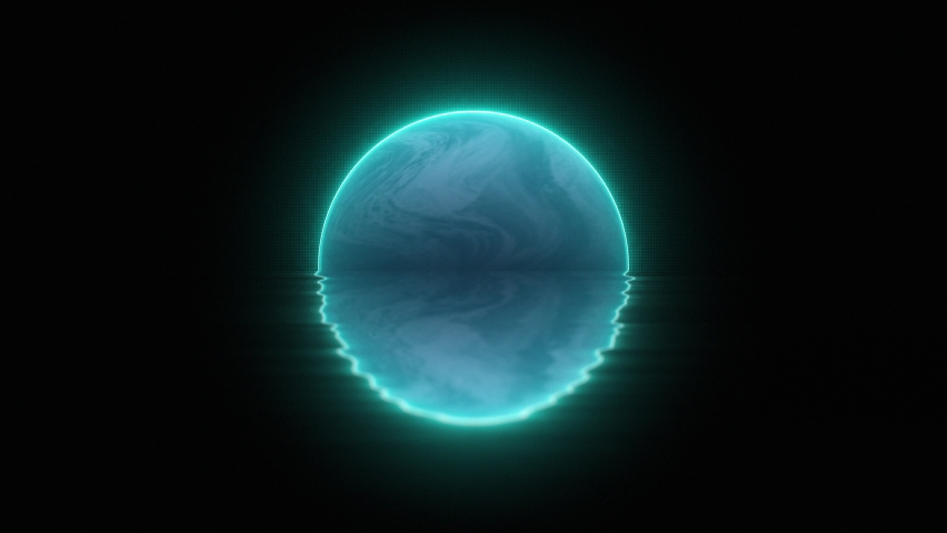 Bright glowing pink planet or sun above horizon. Reflections on water waves. Synthwave, vaporwave style. Retrowave digital illustration with 3D Render elements. Retro futurism, vintage 80s, 90s style