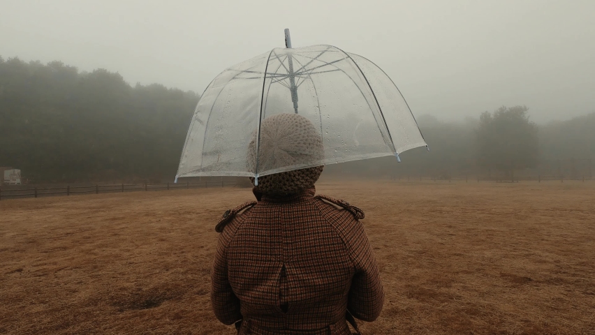 Back view of woman walking in autumn park outdoors under the rain using umbrella. Romantic concept of people and life. People and climate change weather condition. Tourist in a rainy day leisure
