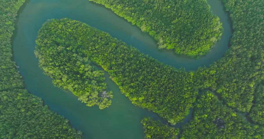 Aerial top view from above show line of water with mangrove forest on a tropical island in Phang Nga bay, Krabi, Thailand. Travel destination and summer vacation concept. Bird's eye view. Royalty-Free Stock Footage #1092822395