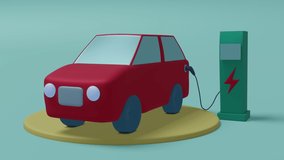 Cartoon electric car of red color stands near charging station and charges battery. Static, looped video, flashing lightning-shaped charge indicator.