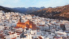 Aerial Drone View of Church in Spanish Town in Torrox, Spain, Costa Del Sol Mountains, Andalusia (Andalucia), Europe, White Buildings and Houses Popular in Property Real Estate Housing Market