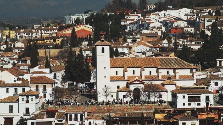 Aerial View of Mirador de San Nicolas, Granada, Andalusia (Andalucia), Spain, Europe, Beautiful Old San Nicolas Church Building in the Popular Tourist Destination