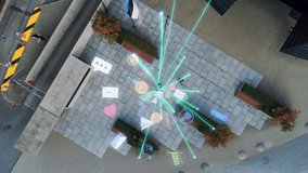 Big City Businesswoman Uses Computer During Lunch Break in Urban Park. E-Commerce Visualization of Information Lines Flying from Laptop into Global Internet Network. Top-Down Zoom Out Aerial Shot. - Powered by Shutterstock - Get 15% off with code: PIKWIZARD15