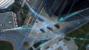 Big City Businesswoman Uses Computer During Lunch Break in Urban Park. Social Media Visualization of Information Lines Flying from Laptop into Global Internet Network. Top-Down Zoom Out Aerial Shot. - Powered by Shutterstock - Get 15% off with code: PIKWIZARD15