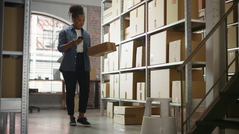 Warehouse Inventory Manager Using Smartphone to Scan a Barcode on Parcel, Preparing a Small Cardboard Box for Postage. Black Multiethnic Small Business Owner Working in Storeroom. Vídeo Stock