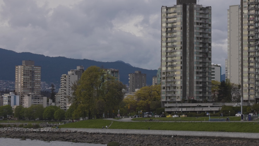 English Bay Beach in Downtown City on the West Coast of Pacific Ocean. Vancouver, British Columbia, Canada
