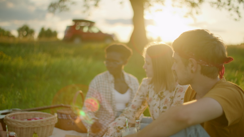 Group of Five Young Multicultural Friends have Picnic at Sunset. Diverse Multiethnic students eat, drink, smile and talk in park. Steadicam gimbal medium shot on RED Cinema Camera