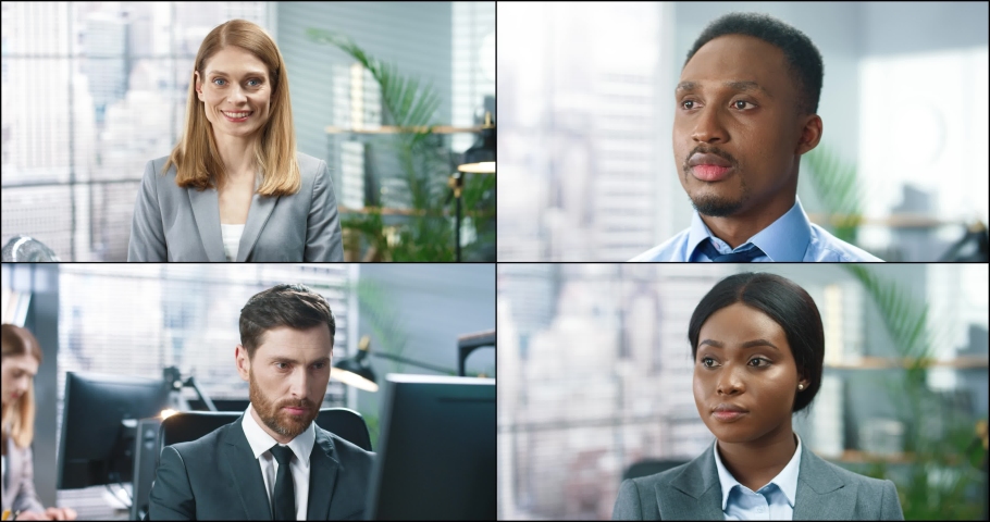 Close up portraits of multi-ethnic young business people smiling to camera. Men and women at office indoors. Collage compilation of diverse workers. Businessman working on computer, corporate style