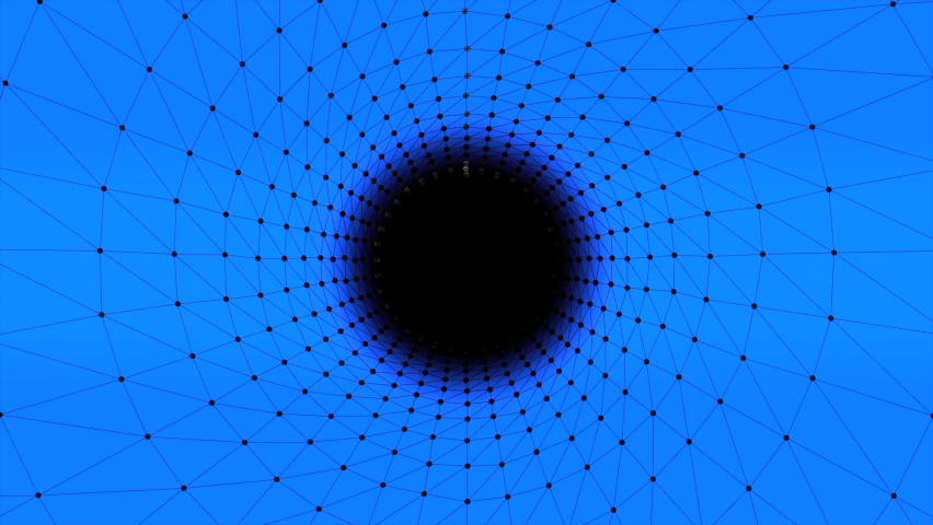 Cyber tunnel with electronic grid and dots. Motion. Circular tunnel with grid and dots in space. Mathematical tunnel from grid in computer space