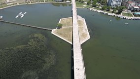 medieval bridge, aerial medieval stone bridge on lake