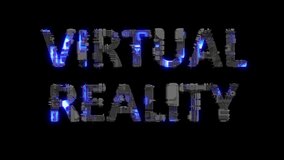 scrap metal cyber punk text VIRTUAL REALITY with electric light and animated surface, isolated - loop video