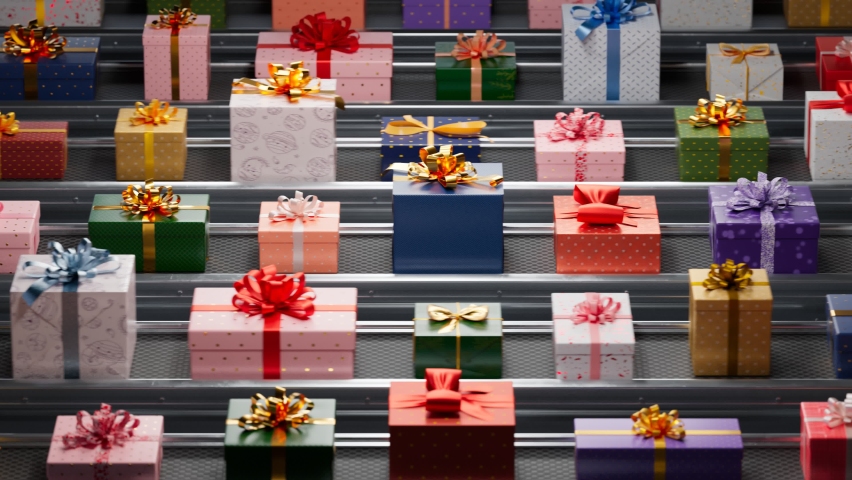 Countless beautiful, colourful gift boxes on a conveyor belt production line. Seamless, endless looping animation of presents in a factory being prepared for shipping. Christmas season preparations.