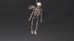 skeleton hanging on gallows over black background. Halloween video with copy space place for text. The skeleton hung on a rope. Human bones dangle from a rope