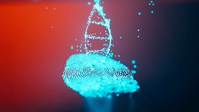 DNA information is gathered from a single fingerprint. Glowing yellow particles rise from the fingerprint and then form a helix. Camera heading. Colorful illustration of forensics science. - Powered by Shutterstock - Get 15% off with code: PIKWIZARD15