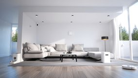 Concept of the smart home. Animation of central HUB with flashing light beams connected to many smart devices. Vacuum cleaner, camera, or pet feeder managed by smart home system via WIFI. Render 4K. - Powered by Shutterstock - Get 15% off with code: PIKWIZARD15