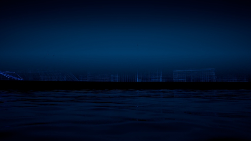 Process of construction and raising buildings and skyscrapers. Wireframe blue silhouettes of growing city with connected lights represent building process. Black dark background water reflection. 4K Royalty-Free Stock Footage #1092863087
