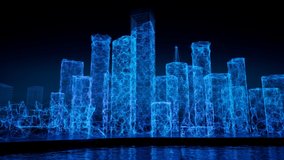 Process of construction and raising buildings and skyscrapers. Wireframe blue silhouettes of growing city with connected lights represent building process. Black dark background water reflection. 4K - Powered by Shutterstock - Get 15% off with code: PIKWIZARD15