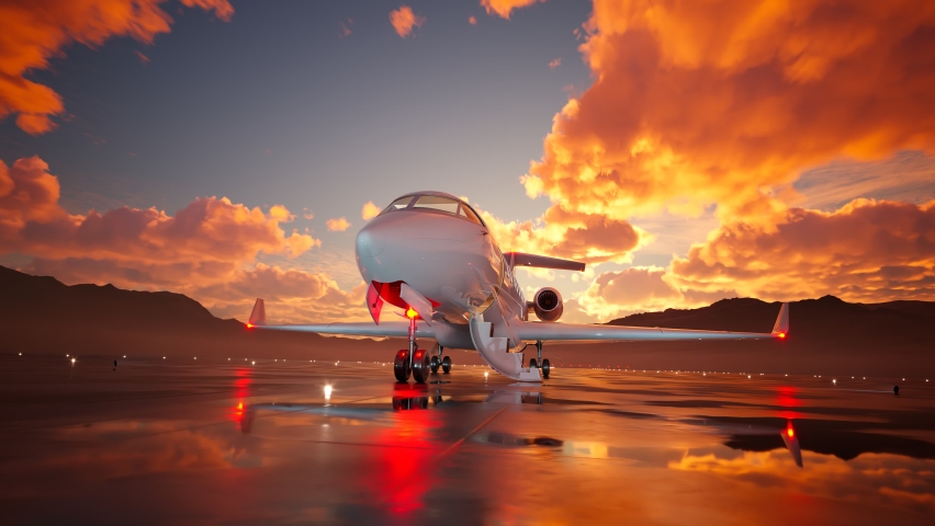 White luxury private jet waiting for passengers on a wet airfield runway asphalt full of puddles. Beautiful, vibrant, orange sky during sunset with dynamically changing clouds. Camera rotates around. Royalty-Free Stock Footage #1092863095