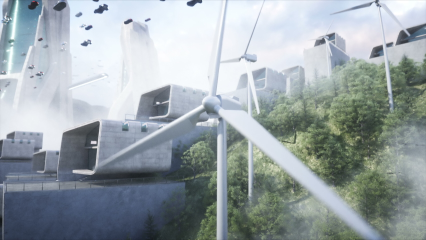 Green energy, wind turbine. Futuristic city. flying car traffic. Future concept. Dynamic trees. Realistic 4k animation.