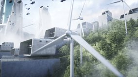 Green energy, wind turbine. Futuristic city. flying car traffic. Future concept. Dynamic trees. Realistic 4k animation. - Powered by Shutterstock - Get 15% off with code: PIKWIZARD15