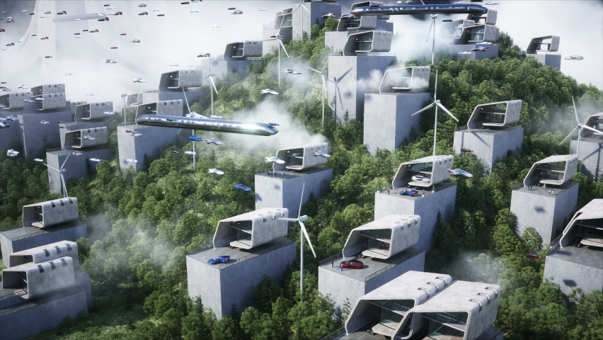 Futuristic city. flying car traffic. Robots and people in megapolice. Future concept. Dynamic trees. Realistic 4k animation.
