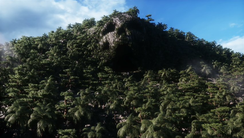 Fantasy island with skull mountain. airy concept. Dynamic trees. Realistic 4k animation. 3D Illustration
