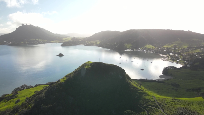 Whangarei Heads aerial panoramic of peaks and coastal scenery of Northland, New Zealand