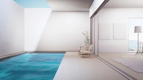 Luxury interior design 3D rendering of modern house or hotel. Concrete floor terrace and swimming pool with empty white wall background near blank picture frame. - Powered by Shutterstock - Get 15% off with code: PIKWIZARD15