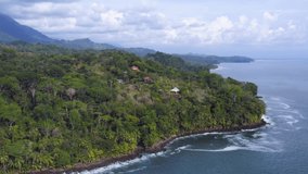Aerial Drone View of Rainforest and Ocean on the Pacific Coast in Costa Rica, Tropical Jungle Coastal Landscape Scenery with the Sea at Ballena Marine National Park (Parque Nacional Marino Ballena)
