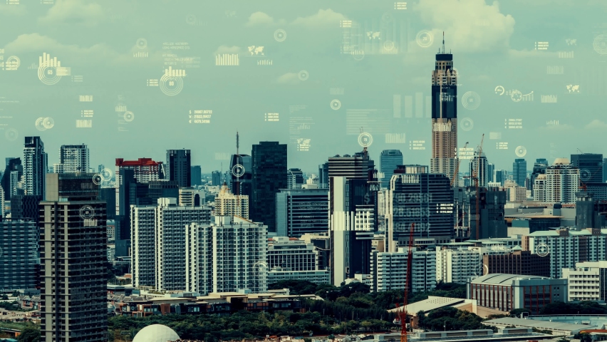 Business data analytic interface fly over smart city showing alteration future of business intelligence. Computer software and artificial intelligence are used to analyze big data for strategic plan . | Shutterstock HD Video #1092886009