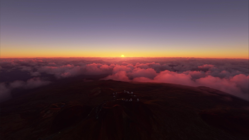 3D - Aerial view at sunset flying over Mauna Kea observatory in Hawaii, United States of America