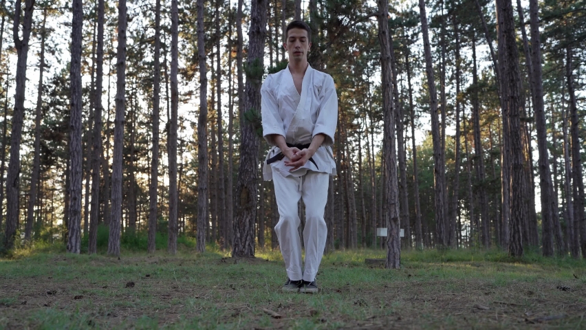 Man training karate in the forest one male athlete karateka caucasian practitioner doing kata in nature in the woods in day real people 